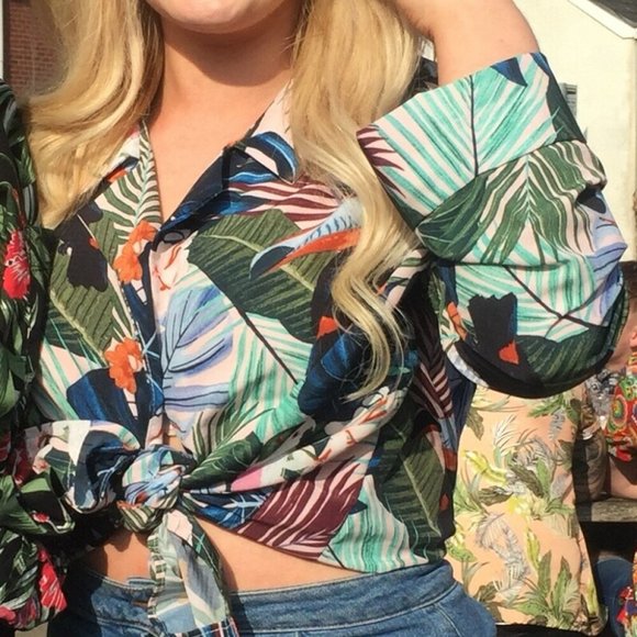 ZARA Tropical Birds Toucan Cockatoo Collared Shirt Blouse - Picture 11 of 16